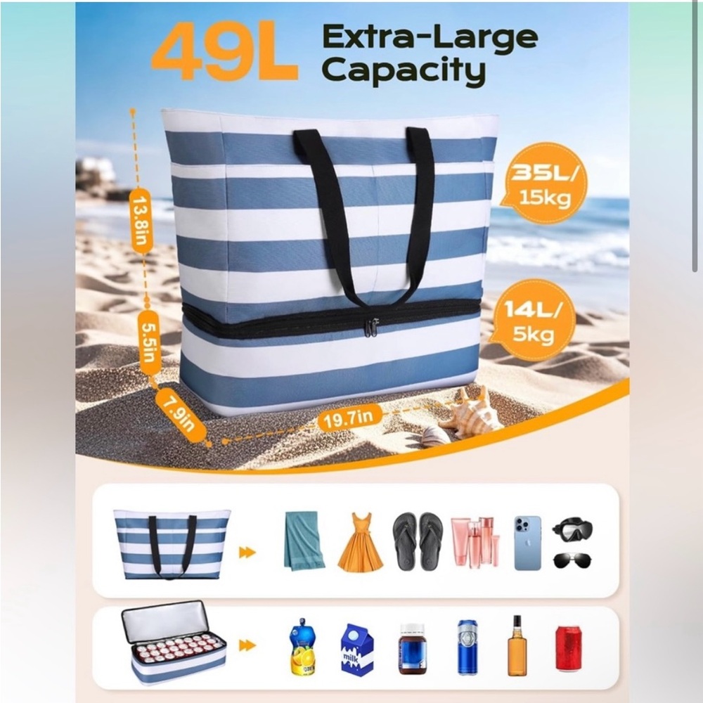 Striped Blue & White Swim/Beach Bag with Detachable Cooler NWOT - Picture 3 of 6